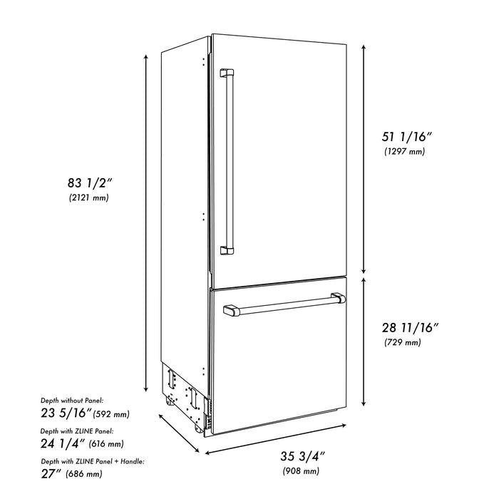 ZLINE Autograph Edition 36" 19.8 cu. ft. Built-In Bottom Freezer Refrigerator with Water Dispenser and Ice Maker - Stainless Steel, White Matte, DuraSnow, and Accent Options