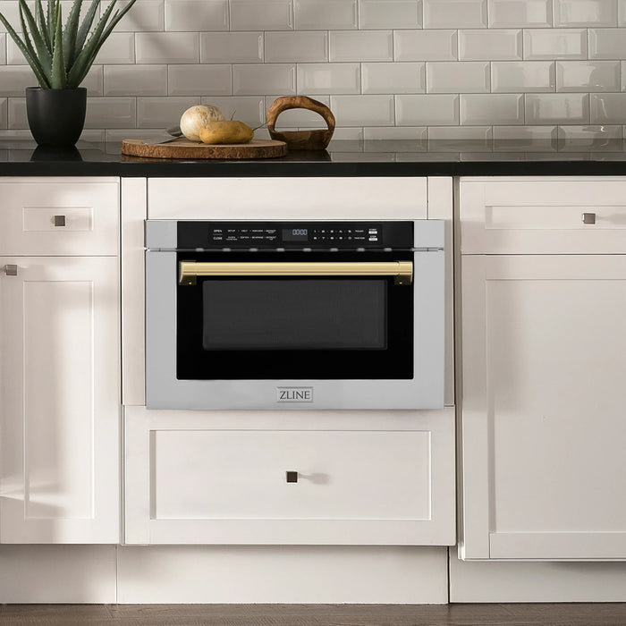 ZLINE Autograph Edition 24" 1.2 cu. ft. Built-in Microwave Drawer with a Traditional Handle in Stainless Steel and Gold Accents (MWDZ-1-H-G)