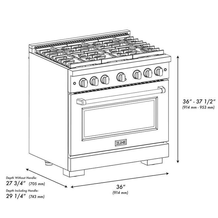 ZLINE 36 in. 5.2 cu. ft. Paramount Dual Fuel Range with 6 Burner Gas Cooktop and Electric Convection Oven in Stainless Steel (SDRB-36)