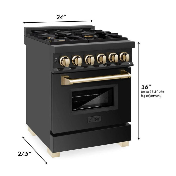 ZLINE Autograph Edition 24" 2.8 cu. ft. Legacy Dual Fuel Range with 4 Burner Gas Cooktop and Electric Convection Oven in Black Stainless Steel w/ Accent Options