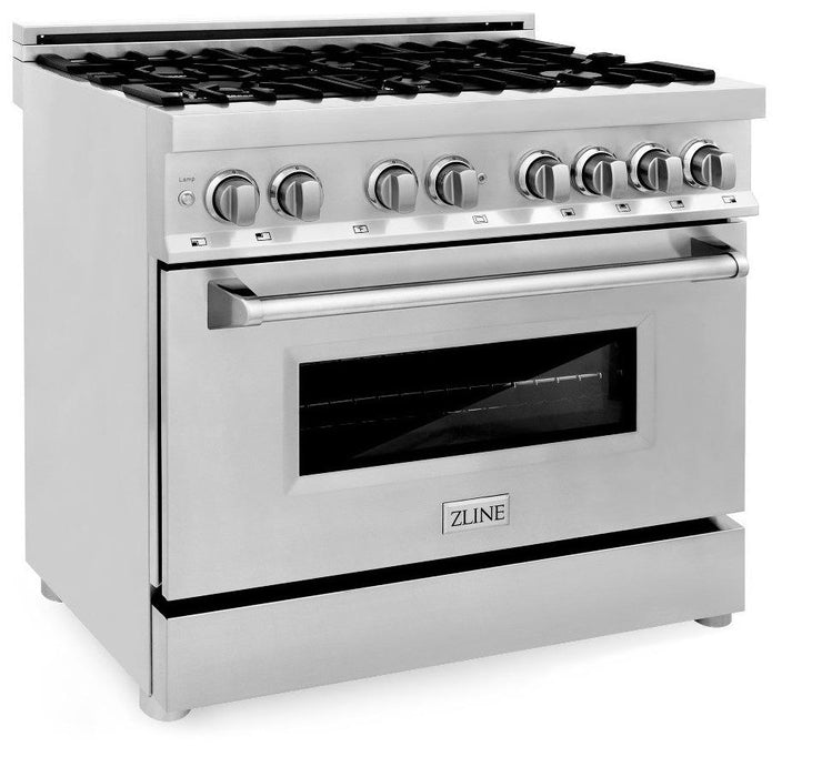 ZLINE Kitchen and Bath Appliance Package - 36 in. Dual Fuel Range, 36 in. Range Hood (2KP-RARH36)